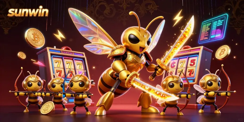Win big at sunwin with a dynamic 3D illustration featuring golden warriors and casino elements.