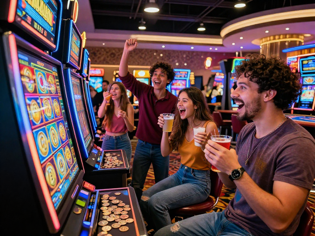 Friends celebrating a significant slot jackpot win at a casino's vibrant gaming area.