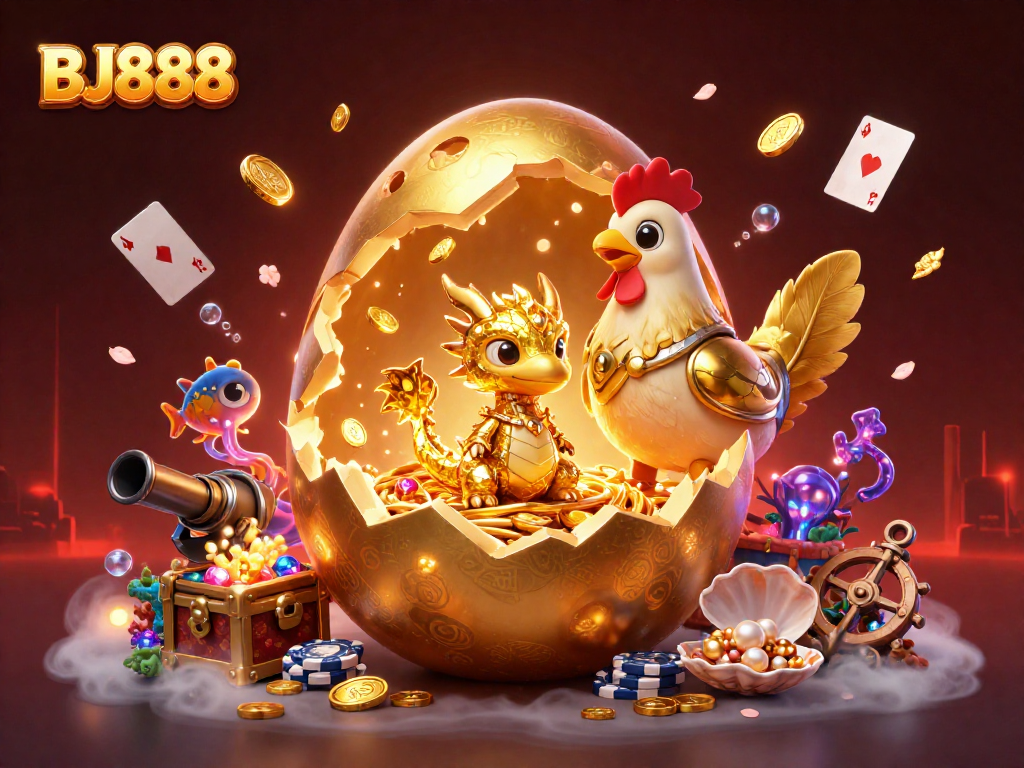 Experience the excitement of BJ888 with a golden dragon amidst vibrant casino elements and treasure.