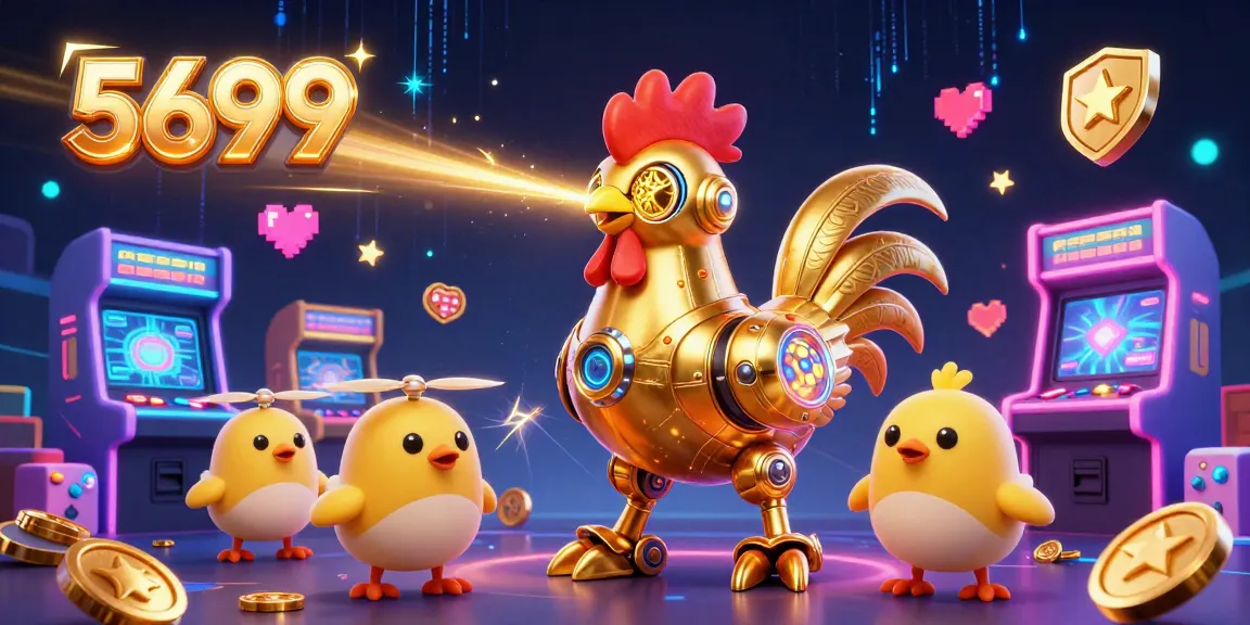 Engage with the vibrant world of 5699 as the golden rooster robot leads baby chicks amidst dynamic casino game elements.