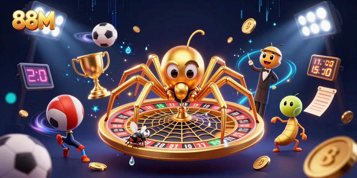 88M casino game scene featuring a golden spider and croupier spinning a roulette web with sports elements and vibrant effects.