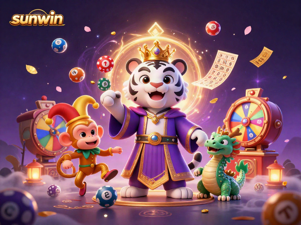Join the sunwin adventure with a royal tiger, playful monkey, and jade dragon in this dynamic casino scene.