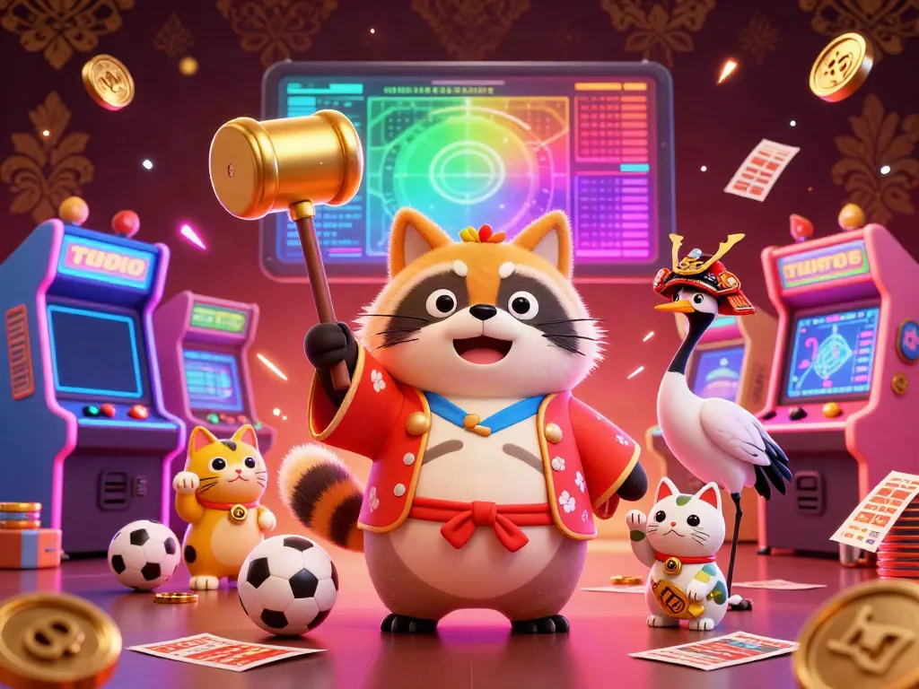 Engage with kèo bóng đá hôm nay showcasing a dynamic 3D tanuki and fortune cats amidst sports betting elements.
