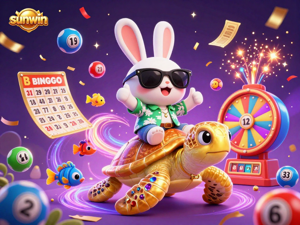 Engage in the sunwin experience with a lucky rabbit and golden turtle amidst vibrant casino elements.