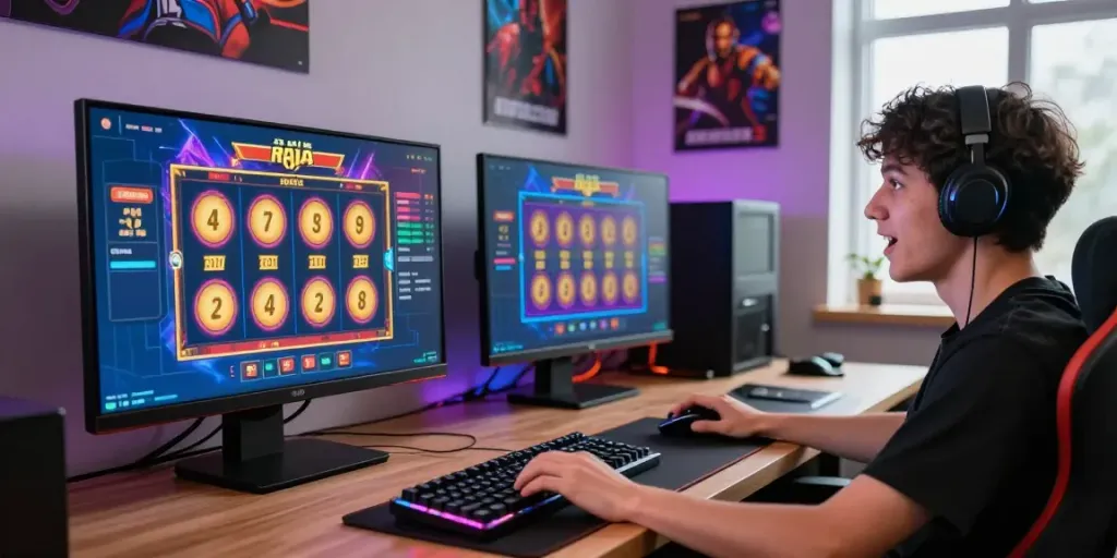 Exciting raja slot gaming scene with player engaged at modern desk