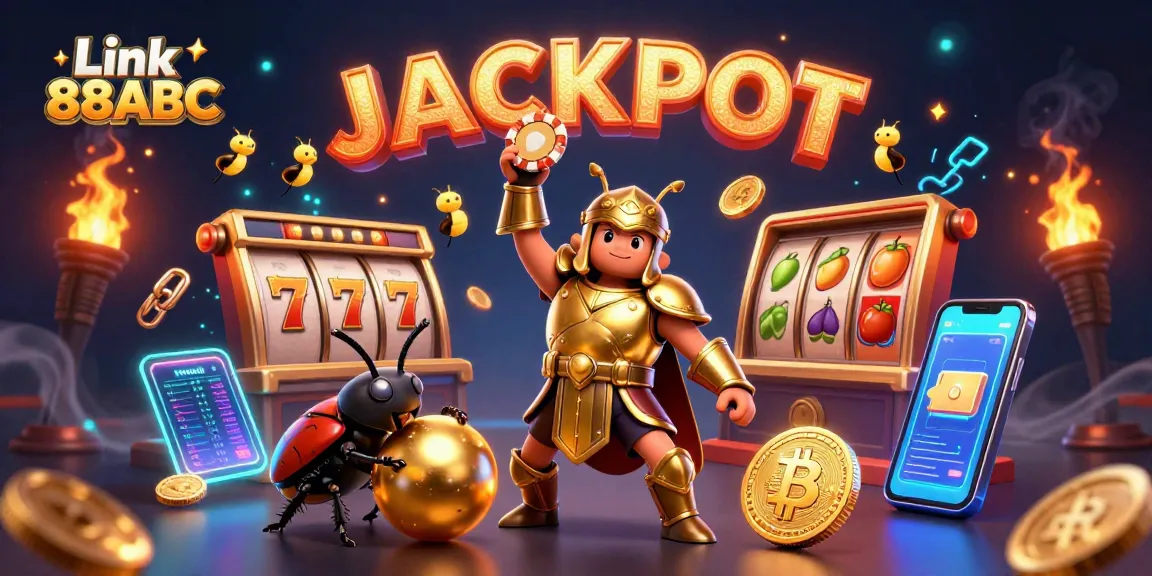 Engage with Link 88ABC through an electrifying illustration depicting a golden-armored beetle celebrating a big win!