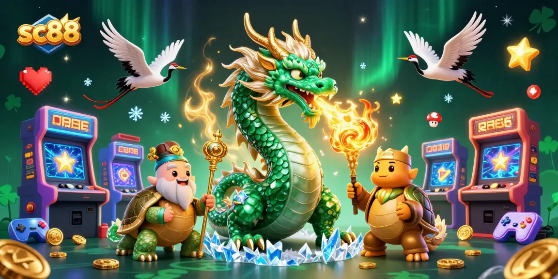 Experience thrilling gaming with sc88's emerald dragon and turtle sage in a vibrant casino scene.