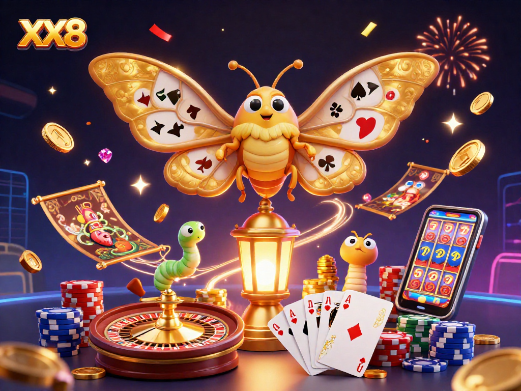 Experience thrilling wins with XX8 in a vibrant casino-themed illustration filled with excitement.