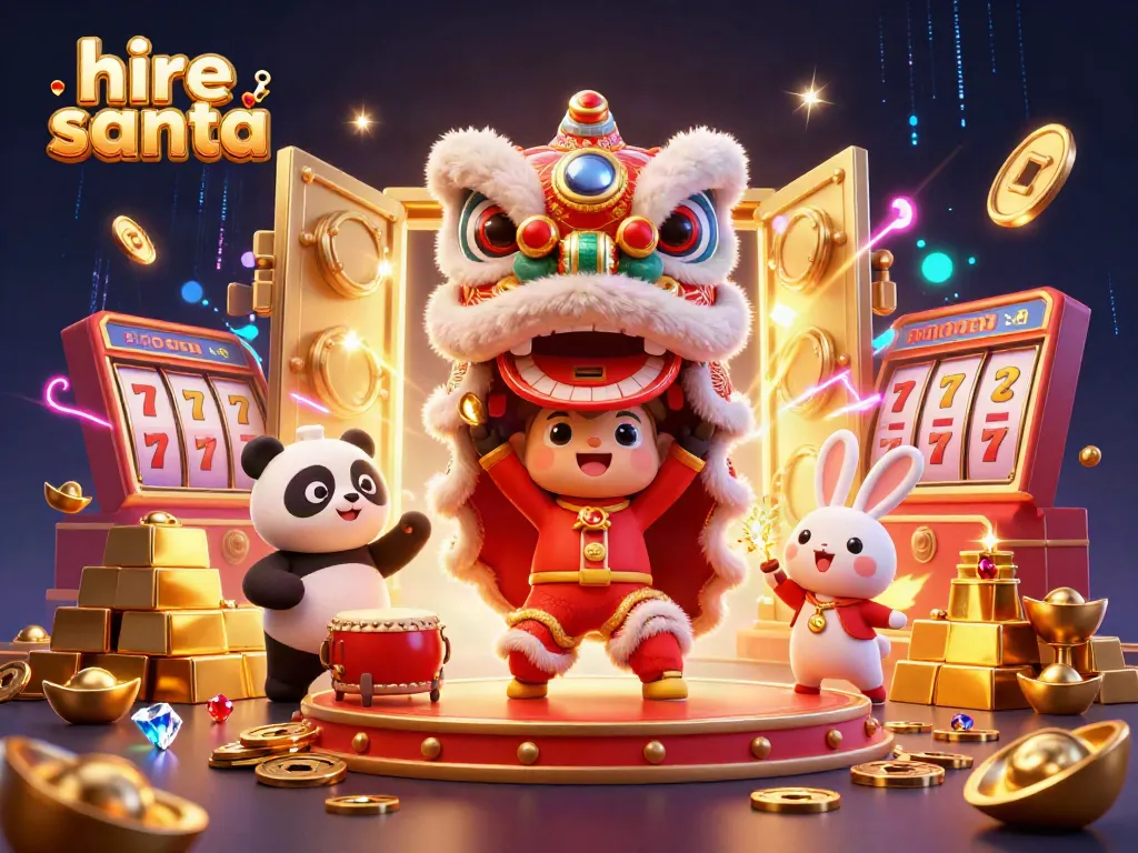 Hire Santa with a treasure vault and slot machine elements in this vibrant casino illustration.
