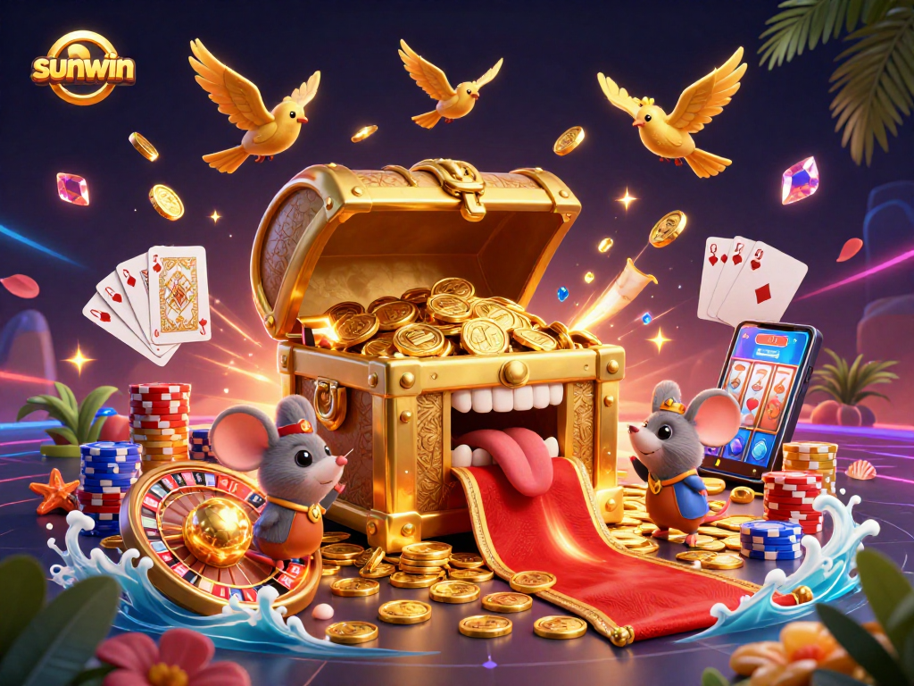 sunwin showcases a golden treasure chest with mice, surrounded by vibrant casino elements and rich graphics.