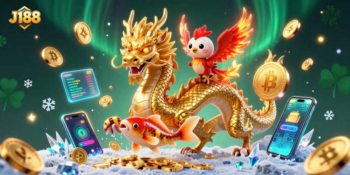 Engage with J188's exhilarating gameplay featuring a golden dragon and phoenix amid floating crypto elements.