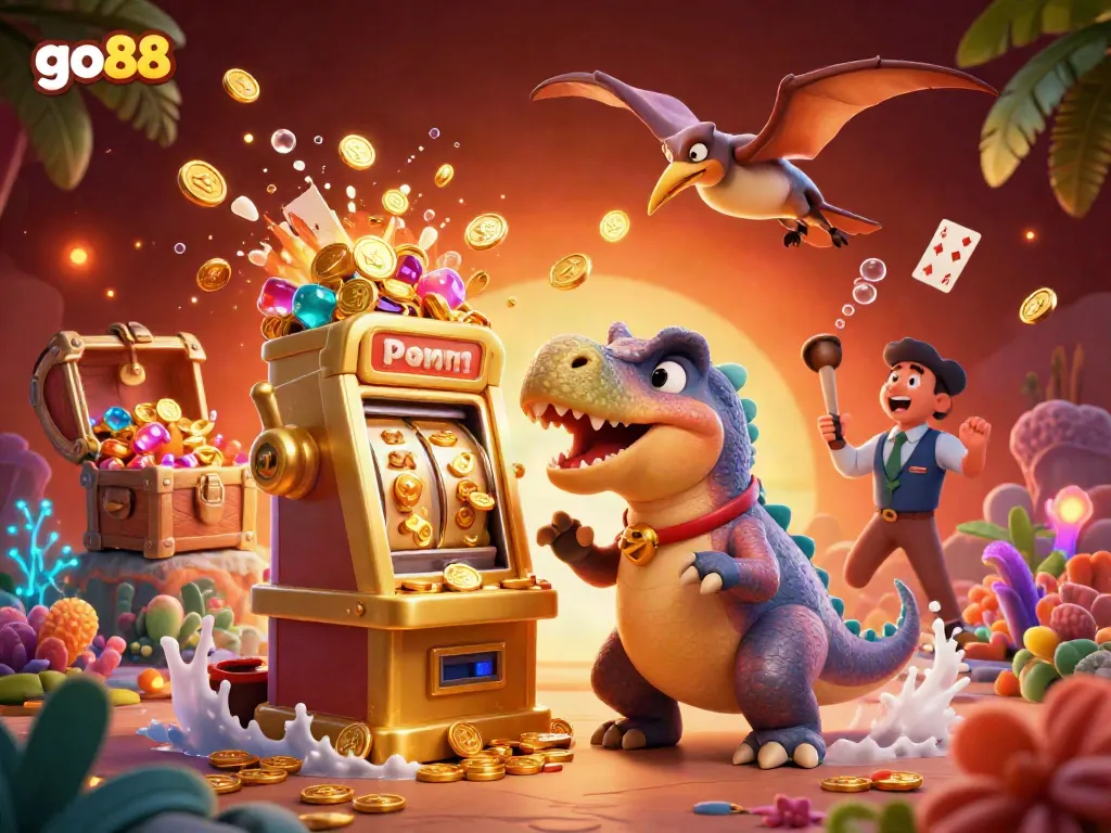 Experience the excitement at go88 with a dinosaur headbutting a slot machine for jackpots!