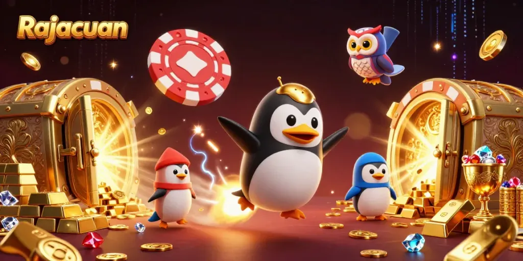 Rajacuan penguin conquering the casino universe by winning jackpots with gold coins.