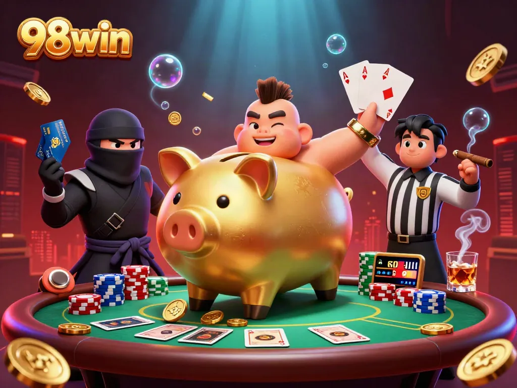 Experience vibrant gameplay with 98win as a golden piggy bank sumo wrestler shakes coins from a poker table.