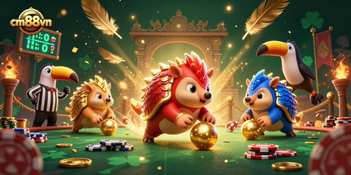 Experience thrilling gameplay at cm88vn with rival pangolins bolwing through poker chips in an engaging casino scene.