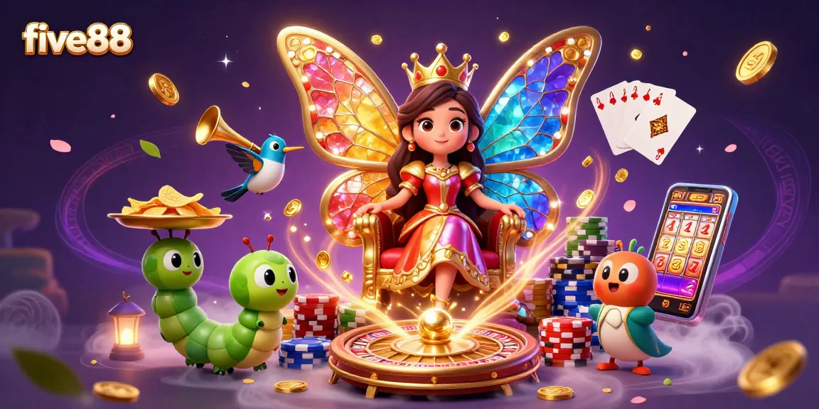 Experience five88's vibrant casino atmosphere with a butterfly queen and dynamic gaming elements.