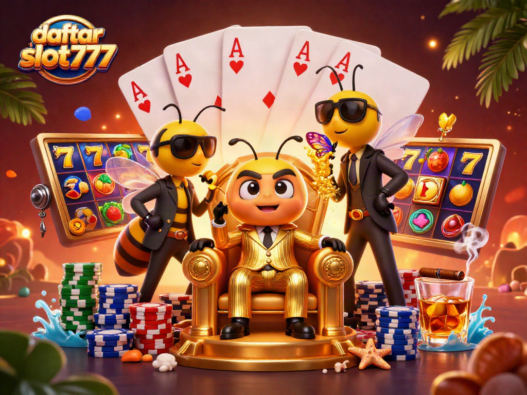 Engage with daftar slot777 as the bumblebee mob boss oversees dynamic gambling with colorful slot reels and poker elements.