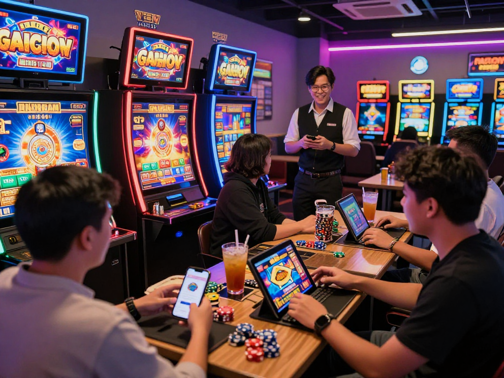 Players enjoying slot gacor games in a vibrant online gaming lounge with engaging atmosphere.