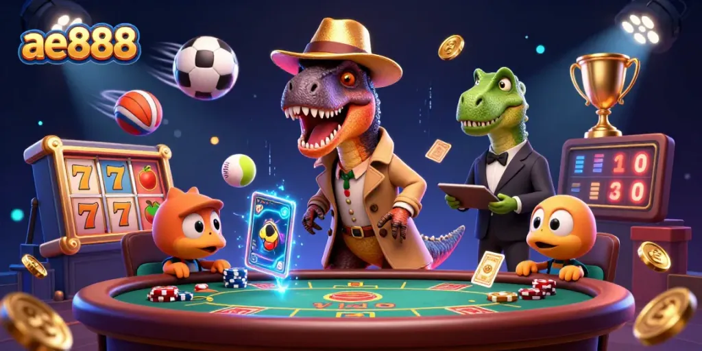 A 3D velociraptor card counter and companions engage at an ae888 blackjack table amidst dynamic game elements.
