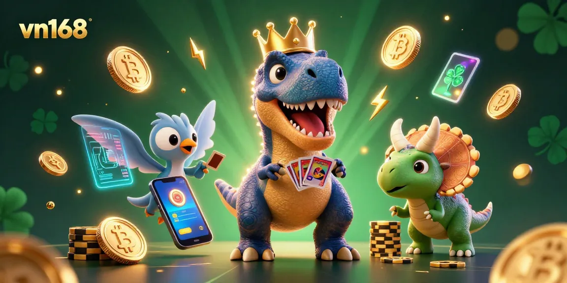 Engaging the action at vn168: a friendly T-Rex and friends playing cards in a vibrant casino scene.