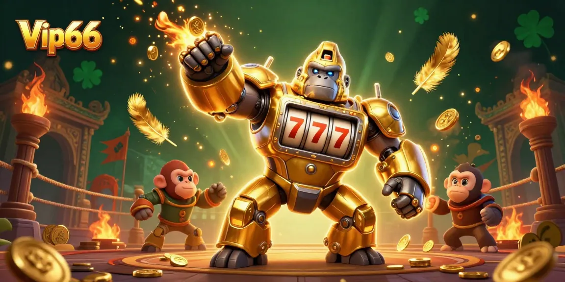 Experience the thrilling atmosphere of Vip66 with a vibrant 3D illustration of a golden gorilla mech and dynamic casino elements.