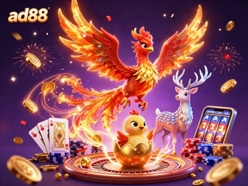 Experience the thrill of ad88 with vibrant gaming elements and characters in a mesmerizing casino scene.