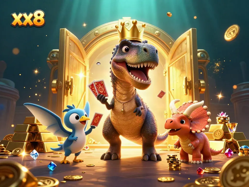 Experience the thrill at xx8 with a vibrant casino scene featuring friendly dinosaurs and golden treasures.
