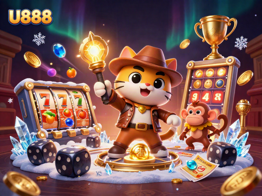 U888 showcases a dynamic scene of an archaeologist cat and monkey discovering casino treasures.