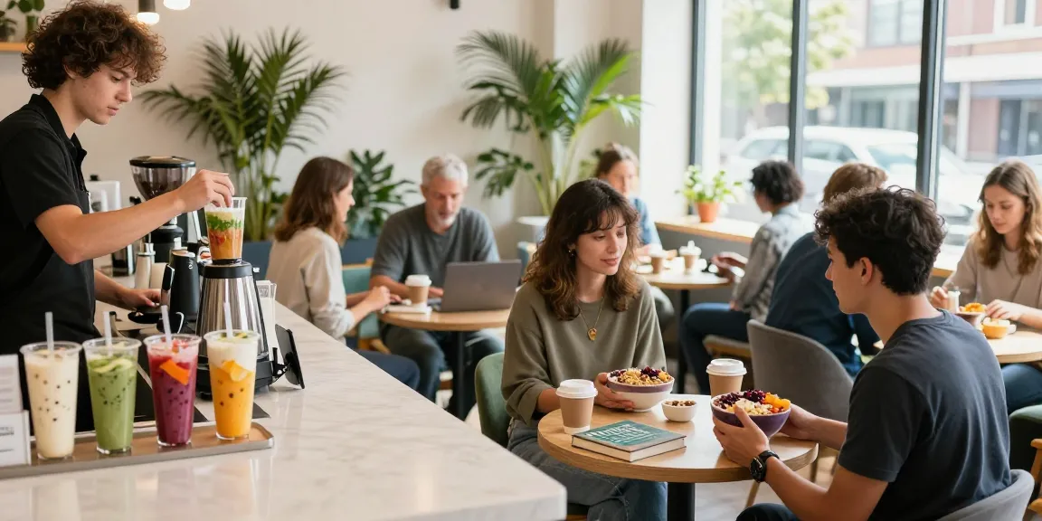 Motchill healthy smoothie preparation in a vibrant café scene with fresh fruits and relaxed patrons.