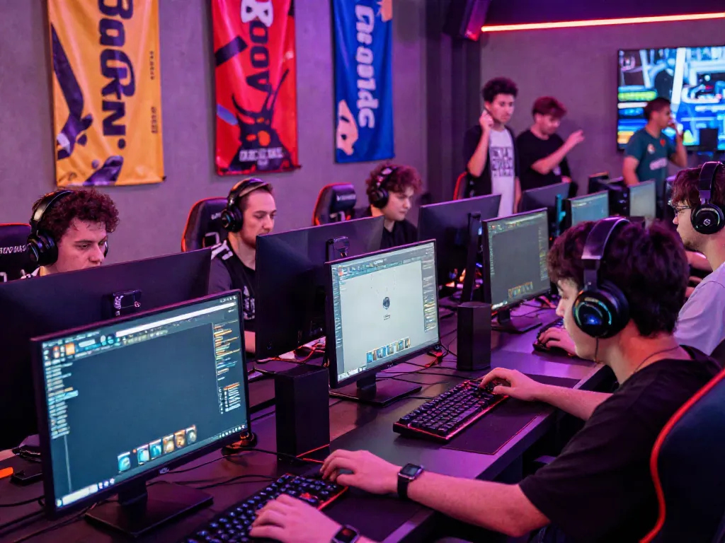 Engaged players competing in ROKOK88 game at a lively esports arena showcasing dynamic atmosphere and technology.