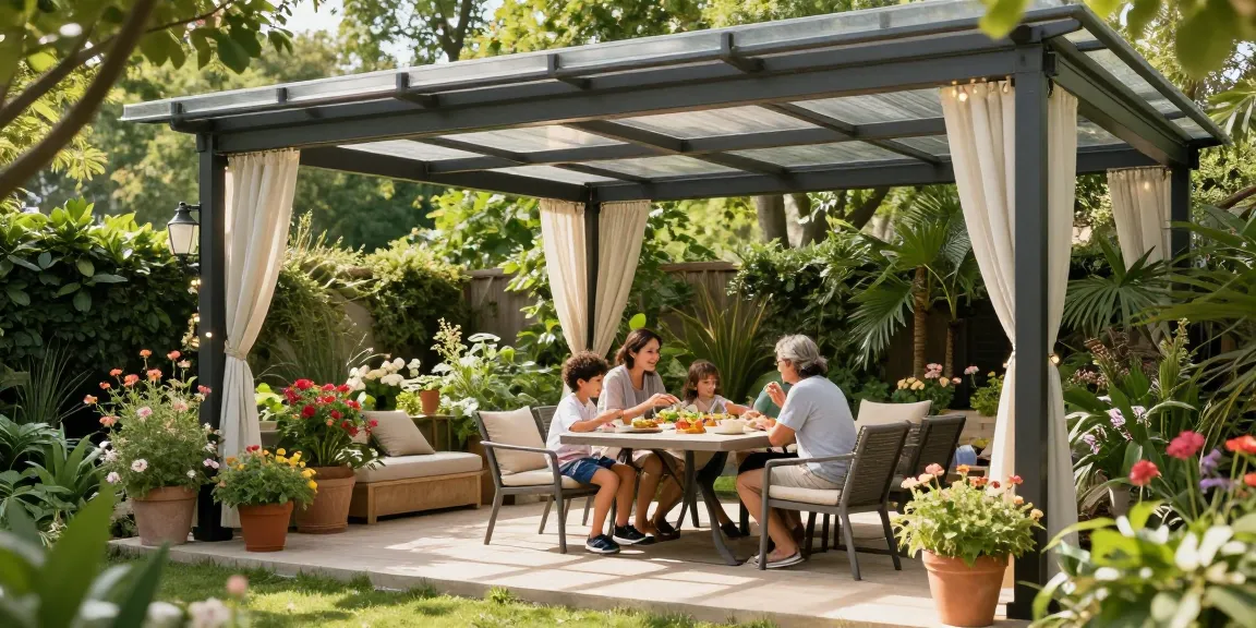 Familie genießen Zeit unter einer freistehenden Terrassenüberdachung in ihrem Garten.
