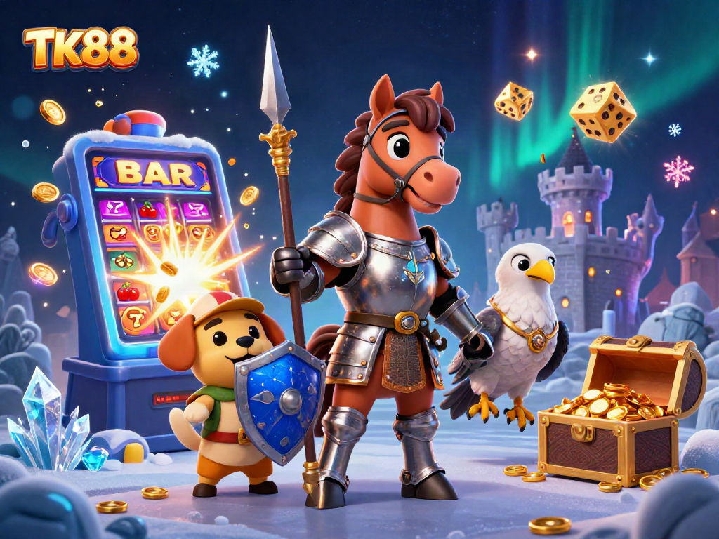 Experience big wins with TK88 at a vibrant casino, featuring a knight, puppy, and falcon amidst jackpot symbols.