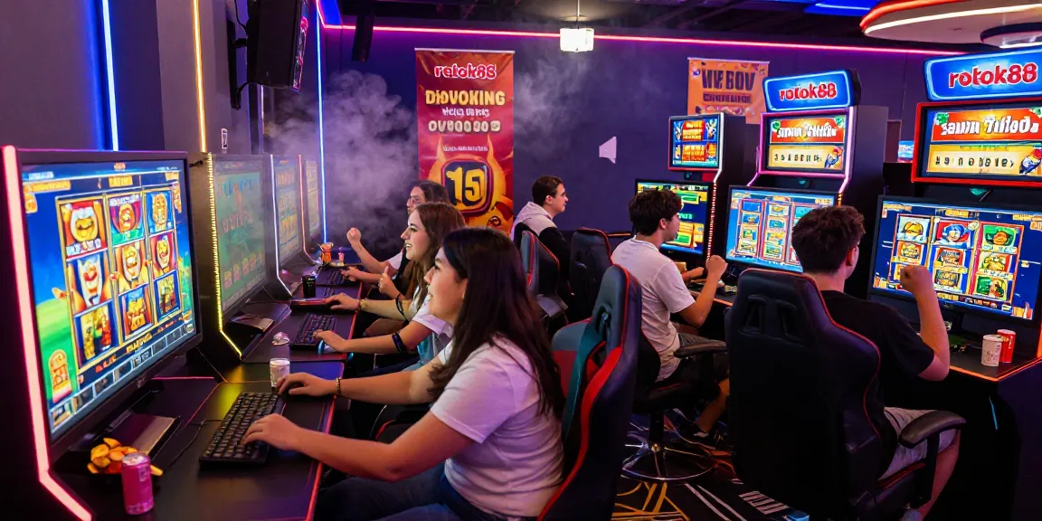 Exciting group enjoying rokok88 slot games in vibrant casino