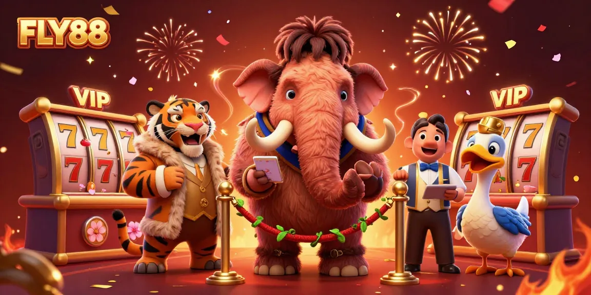 FLY88 presents a vibrant 3D casino scene with cartoon characters, showcasing exciting slots