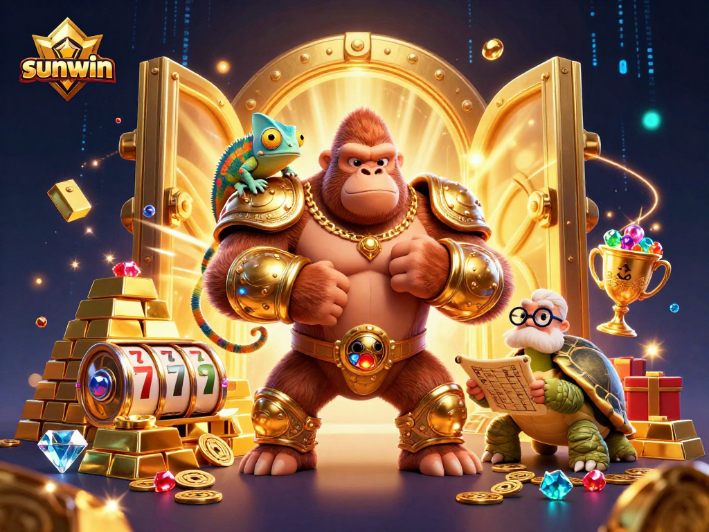 Experience thrilling gameplay with sunwin as a gorilla king, chameleon spy, and tortoise elder unite in a vibrant casino scene.