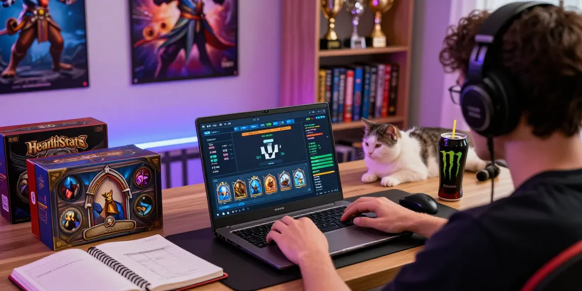 Engaged gamer analyzing HearthStats net news on a laptop surrounded by gaming tools and vibrant room decor.