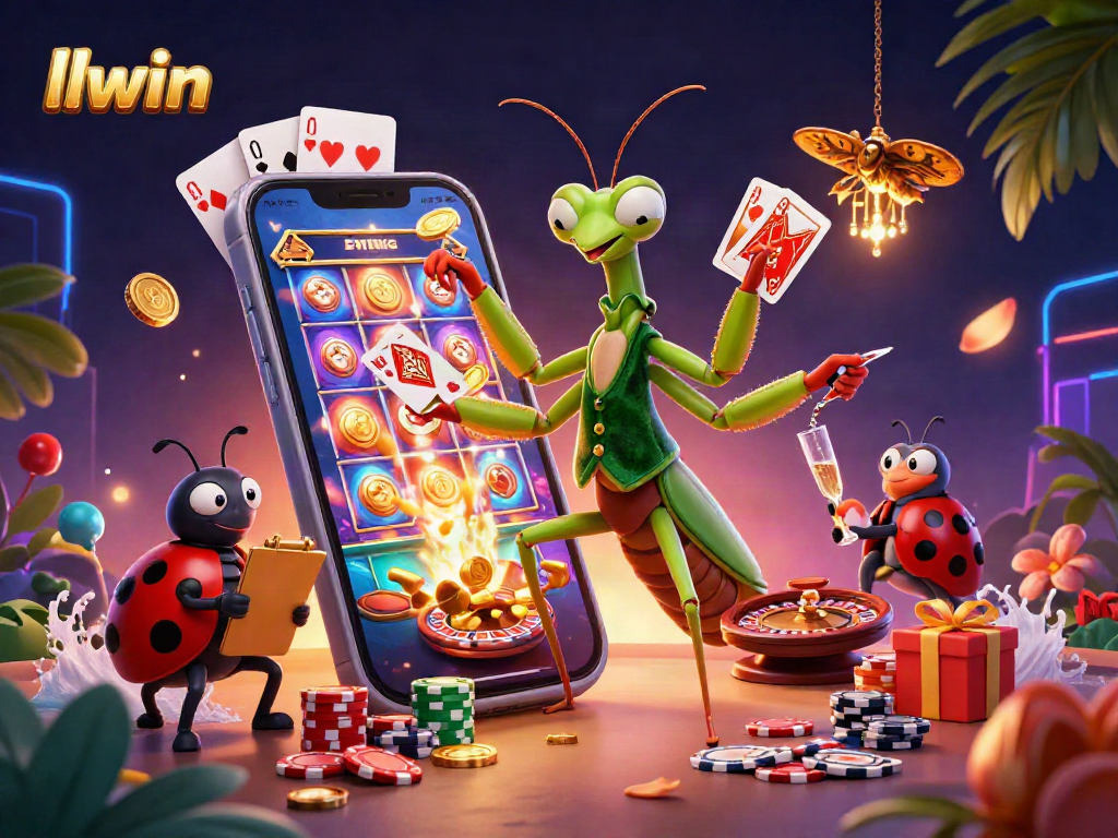 Watch llwin shine as a giant mantis card sharp and ladybug pit boss create a vibrant casino scene.