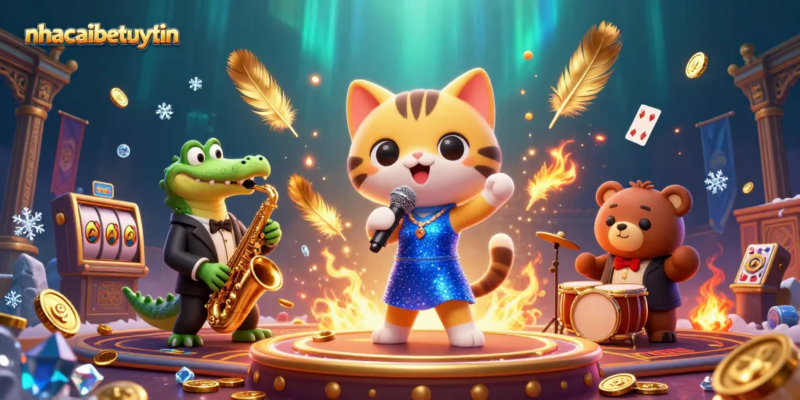 Engage with nhacaibetuytin's vibrant casino scene featuring animated musical animals and game elements.