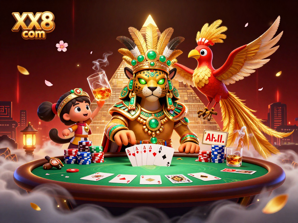 Win big with XX8 com at this vibrant poker scene featuring intricate Mayan elements.