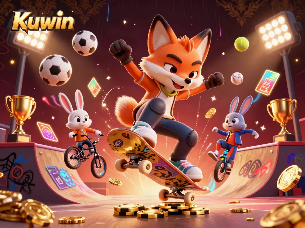 Kuwin gamers enjoying vibrant casino action with cartoon foxes and sports elements