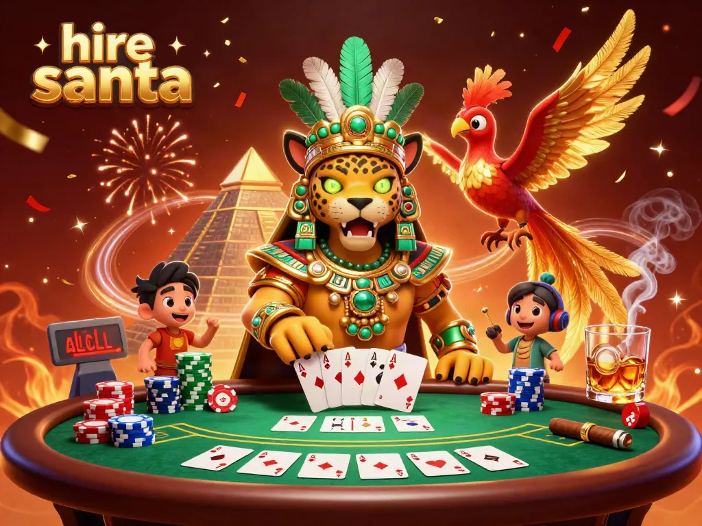 Hire Santa with festive casino elements, showcasing poker chips and cards in a dynamic 3D scene.