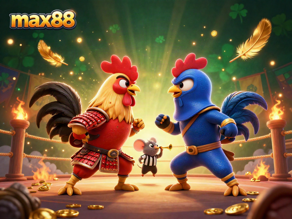 Engage with max88 in this vibrant, dynamic illustration of heroic roosters in a casino-themed standoff.