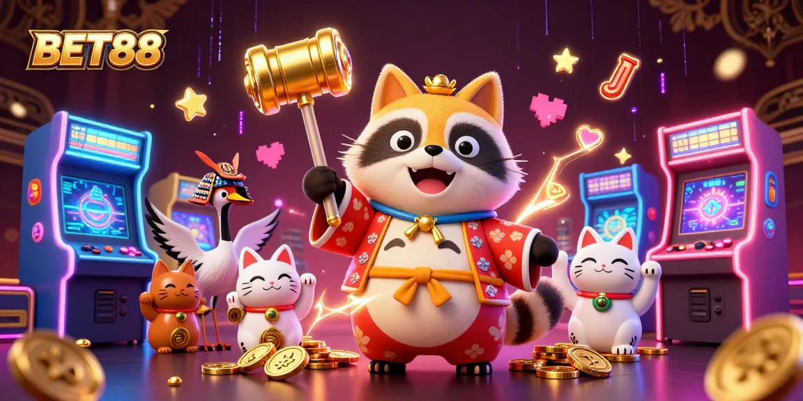 Experience the vibrant excitement of BET88 with 3D characters and colorful arcade elements in an engaging casino scene.