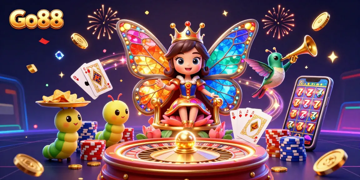 Experience Go88's vibrant gaming world with unique 3D illustration featuring exciting casino elements.