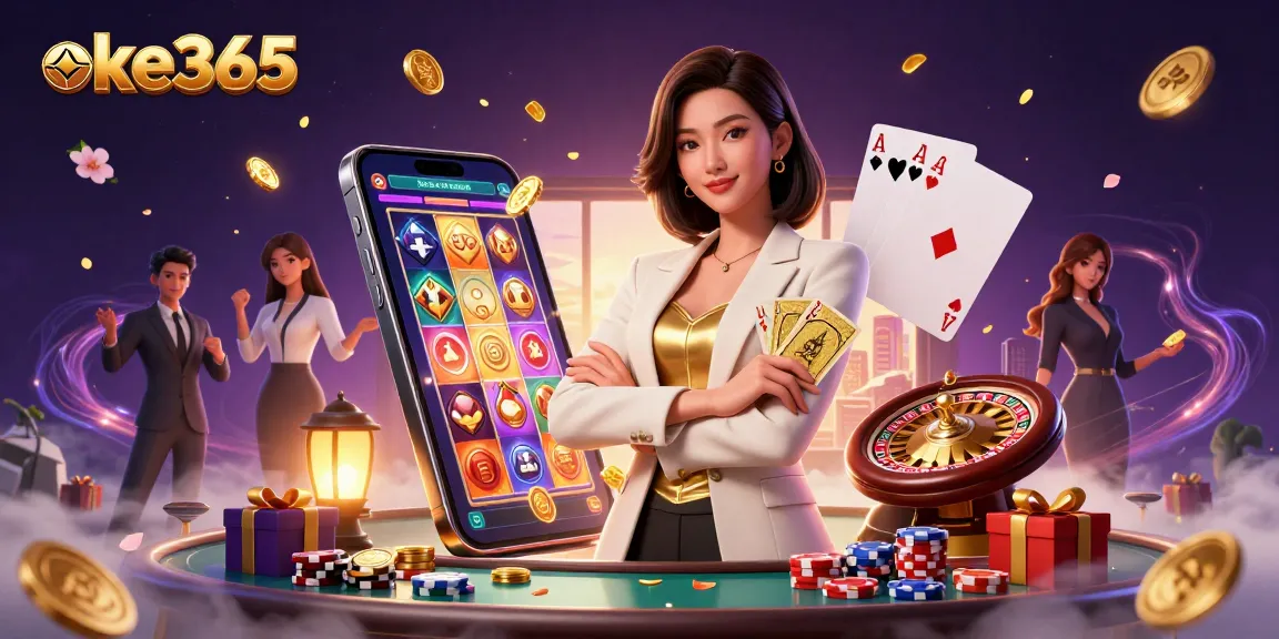 Engage with the exciting gaming world of oke365, where a powerful businesswoman showcases her card skills amidst rich casino elements.