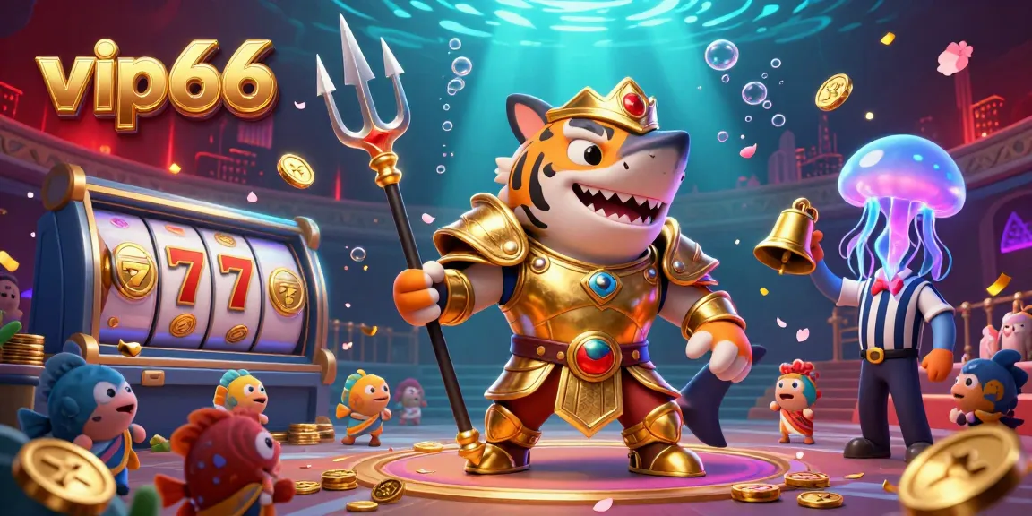 Engage with the vibrant excitement of vip66's underwater gaming world featuring dynamic slot elements and a gladiator shark.