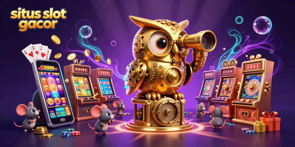 Engage with the vibrant situs slot gacor scene featuring an owl and lively casino elements.