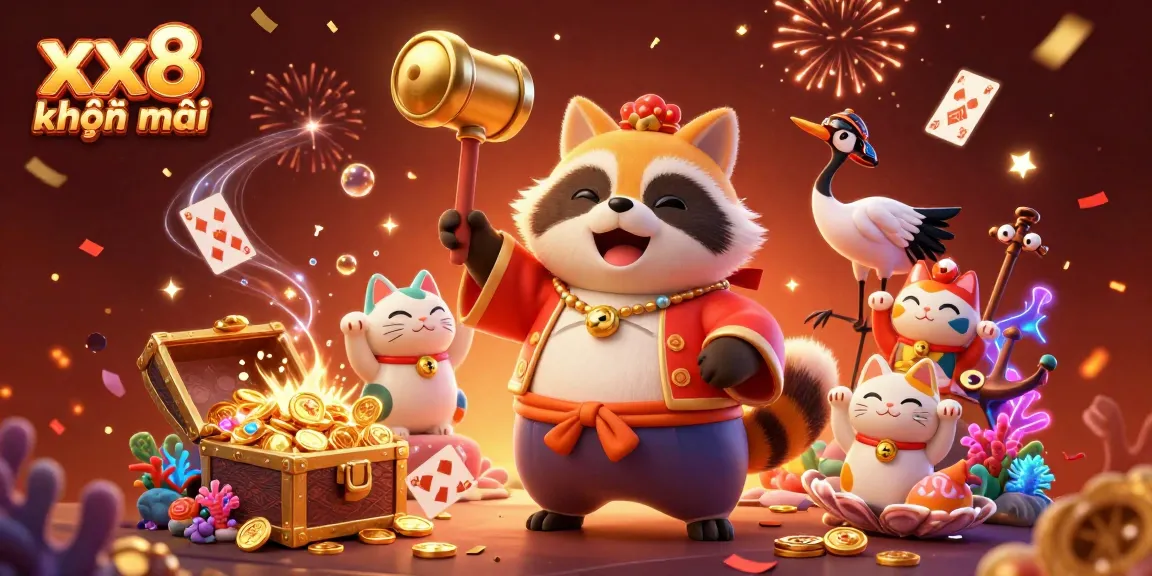 Experience exciting gameplay with xx8 khuyến mãi featuring lucky tanuki and festive elements in a vibrant casino scene.