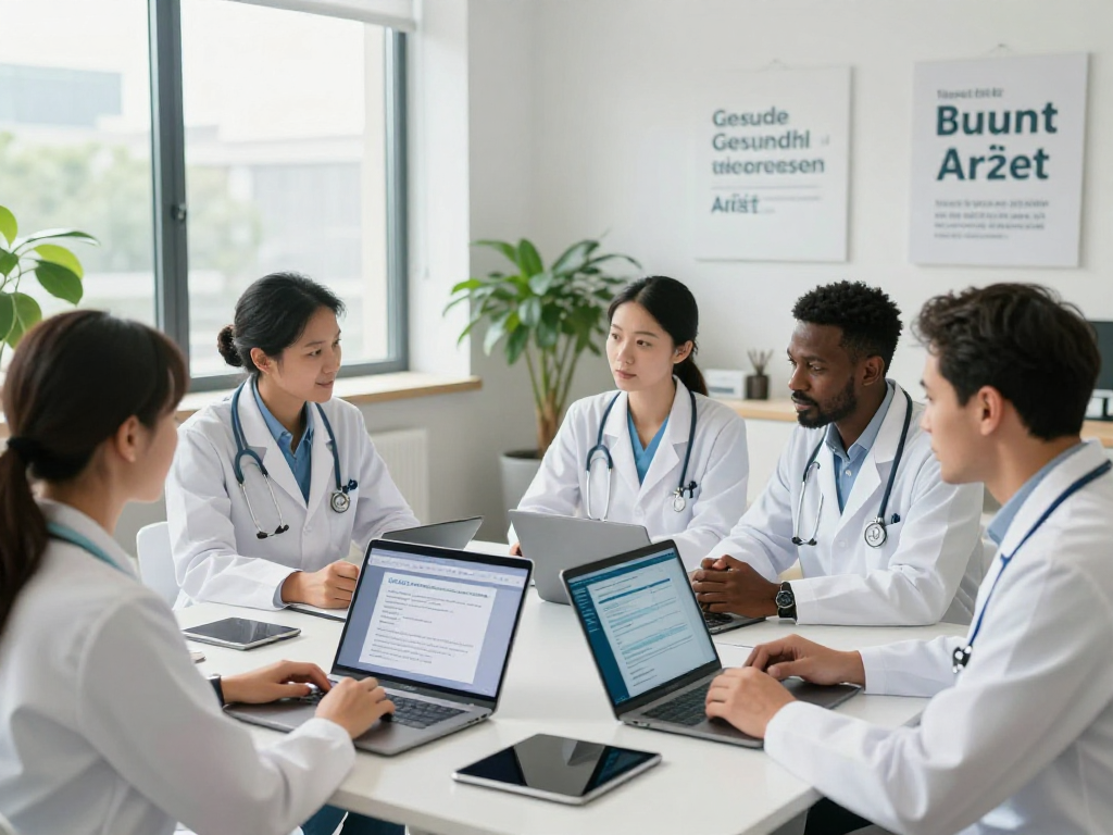 Healthcare professionals collaborating on data security and accessibility in Gesundheitswesen Arzt offices.