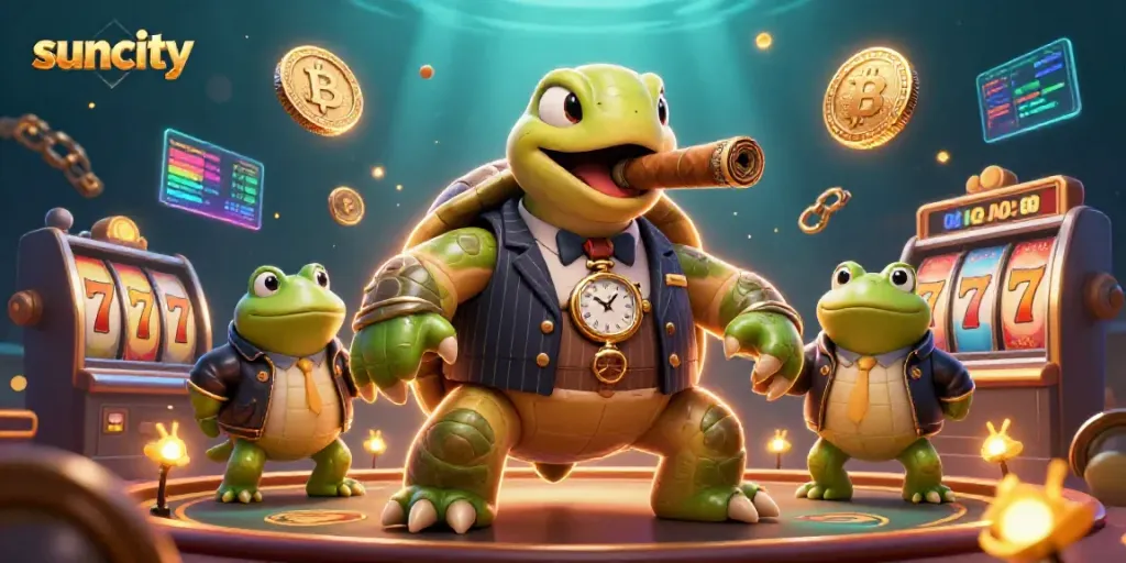 Engage with Suncity's thrilling casino experience featuring a cartoon turtle and frogs with slot elements.